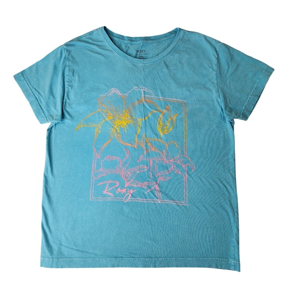 Roxy Graphic Tee L Blue Floral Surf Beachy Vacation Coastal Skater Casual Cotton